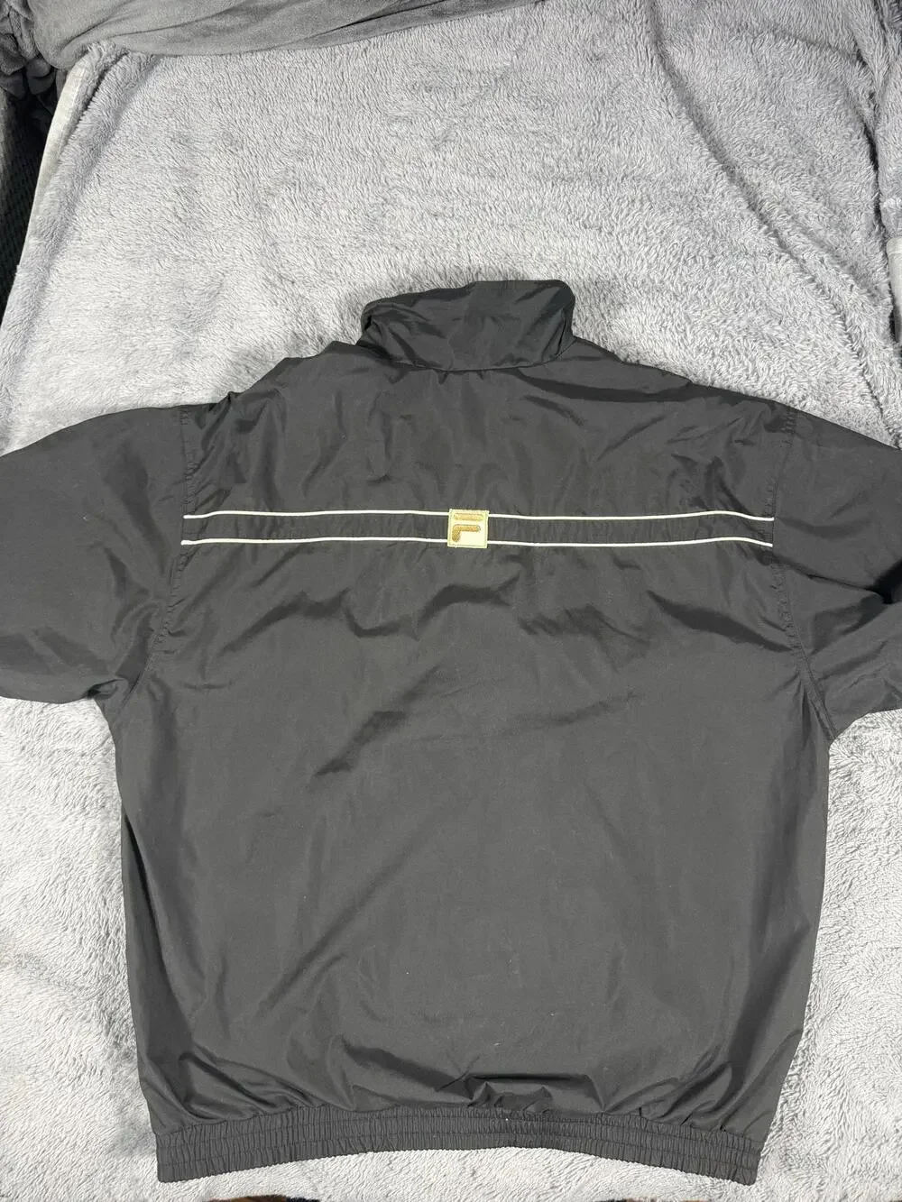 Vintage FILA Windbreaker Jacket Mens XL Black Tan Lined Full Zip Logo Striped